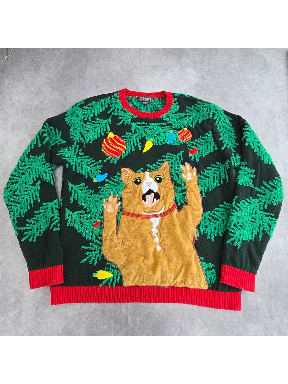 33 Degrees Adult XL Ugly Christmas Sweater Cat Tree 3D Sequin Holiday